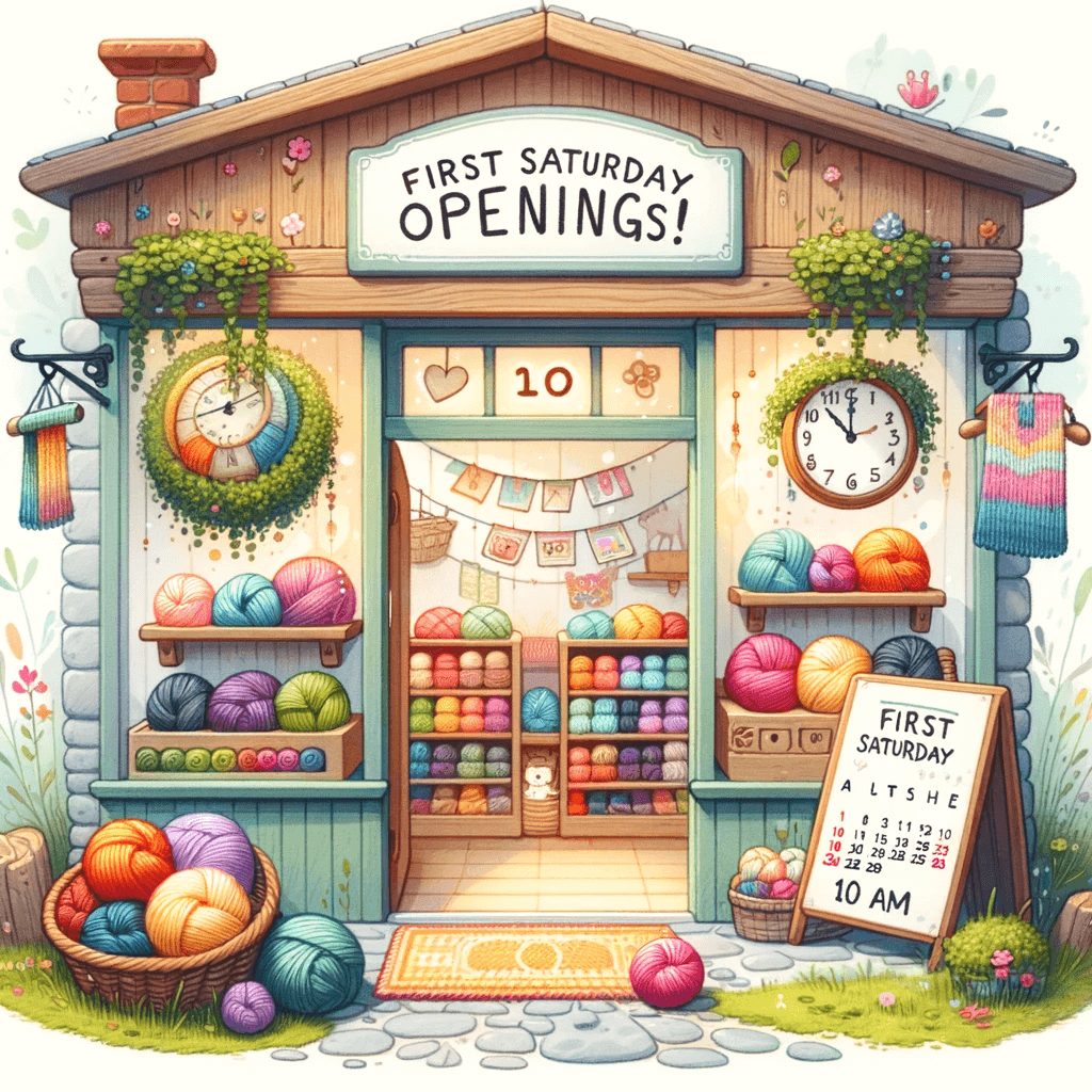 A cozy and charming illustration for a yarn shop announcement. The scene includes a small, inviting shop with a colorful display of hand-dyed yarns
