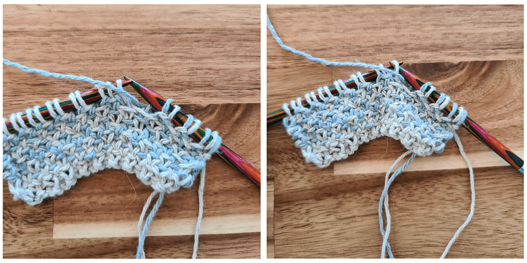 step-by-step images of how to slip one stitch with yarn in front