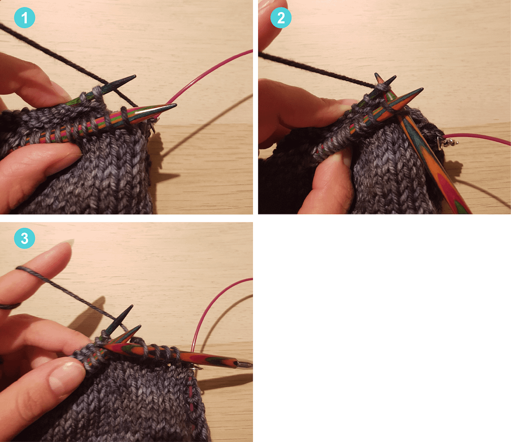 Three images illustrating how to knit the brim together