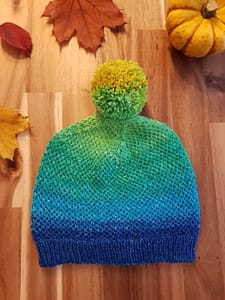 Eye of Partridge hat laying flat with fall leaves surrounding it.