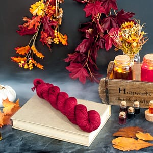 A skein of red yarn laying on a book with mist and fall leaves in the background