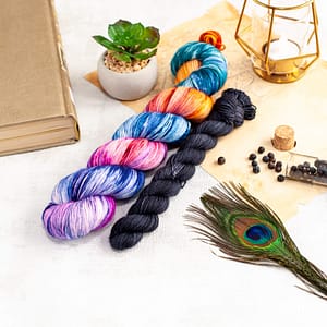 A skein of colorful yarn and a black mini-skein 