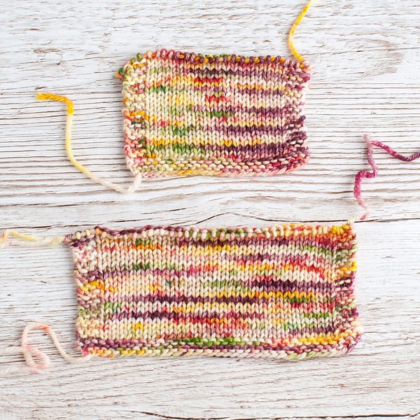 Two knitted swatches of multicolored yarn with purple, green, yellow, and pink areas