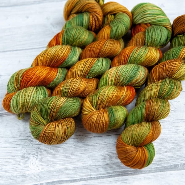four skeins of yarn in the colorway 'Highlands'