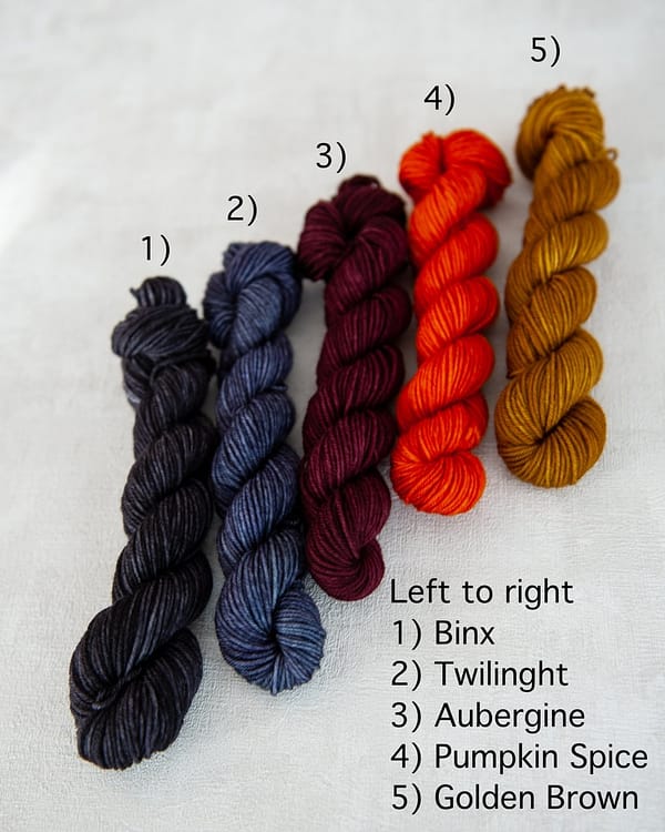 All five colors of mini skeins for the sock sets next to each other