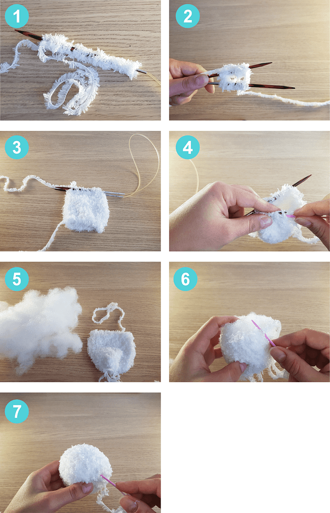 step by step images of how to knit a snowball