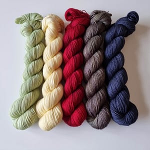 five skeins of yarn next to each other in the following colors: light green, vanilla, red, grey, and dark blue