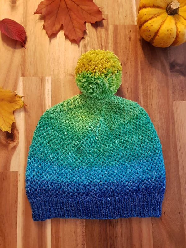 The Eye of Partridge Hat laid flat with leaves surrounding it